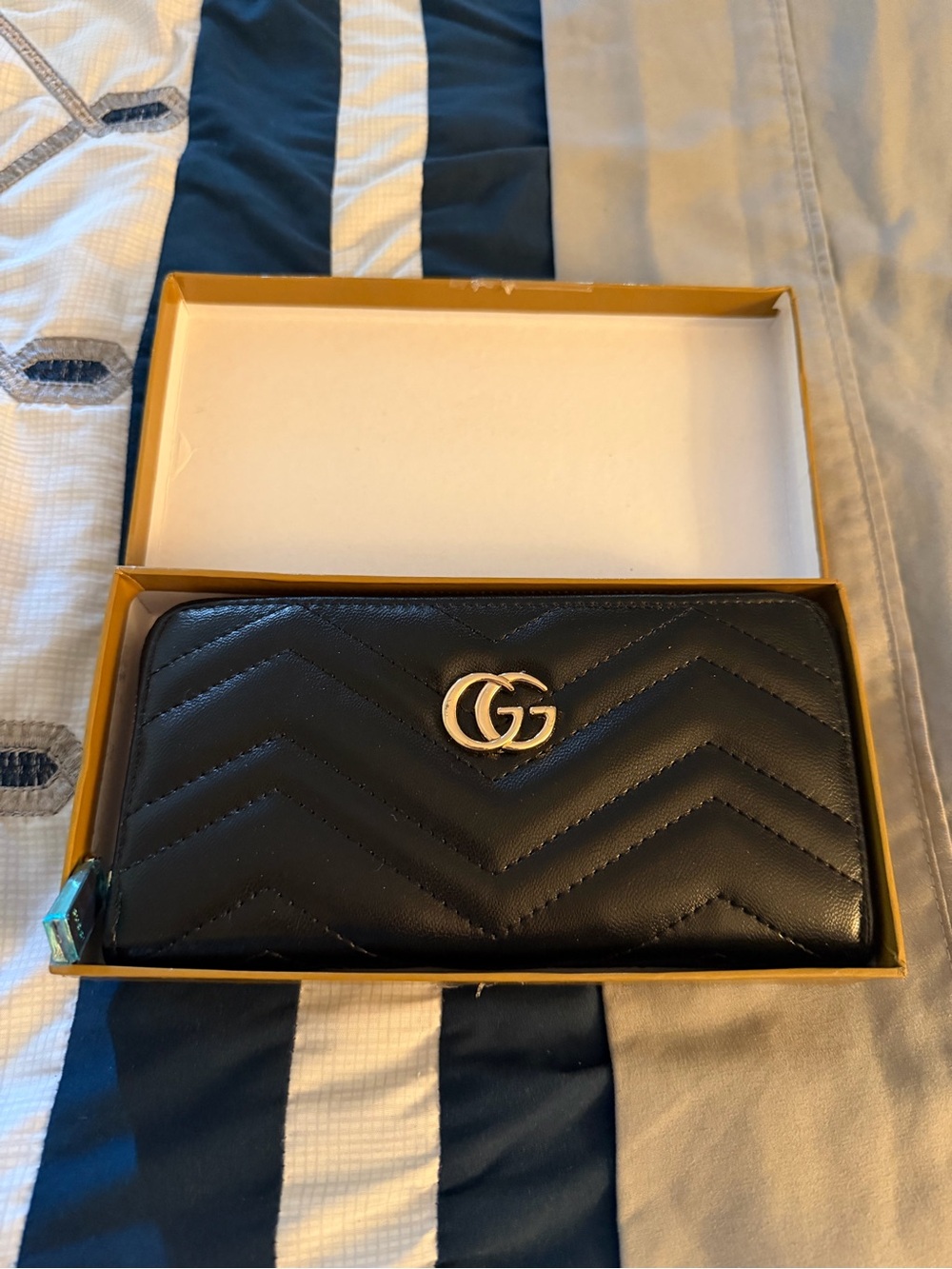 Fashion Nova Black Chevron Quilted Zip-Around Wallet with Gold Emblem